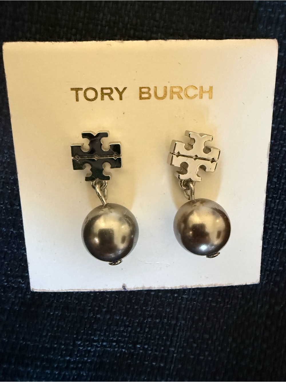 NWE with tags Tory Burch Silver Logo Grey Pearl Drop Earrings